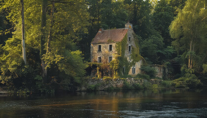 Wall Mural - A small house is on a lake with trees in the background