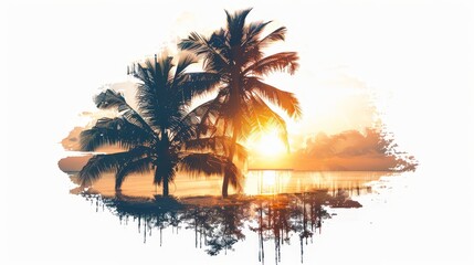 Minimal tropical island silhouette palm tree sunset white background close up ethereal overlay beach theme