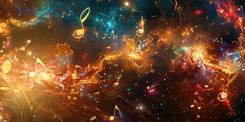 Wall Mural - Celestial Harmonies: Music Notes Drifting Through Celestial Bodies and Cosmic Phenomena
