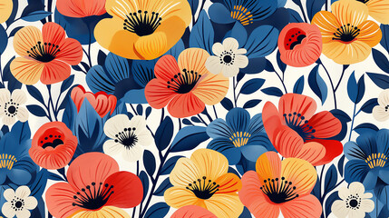  beautiful detailed colorful flowers seamless pattern, scandinavian art