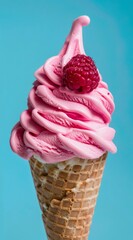 Canvas Print - Raspberry pink ice cream in a wafer cone on a blue background.