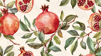 seamless pattern of pomegranate and leaves vintage botanical illustration digital painting