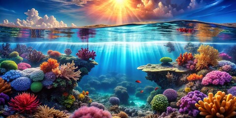 Wall Mural - Underwater landscape with vibrant corals, serene waterline, and rising air bubbles, underwater, landscape, corals, water