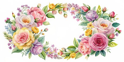 Wall Mural - Watercolor of a spring floral wreath with roses and wildflowers in a circle frame, spring, floral, wreath, bouquet