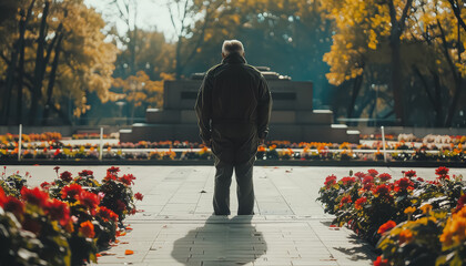 Wall Mural - A man stands in front of a wall with a large number of flowers