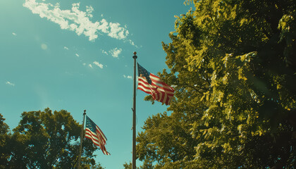 Poster - A large American flag is flying high in the sky