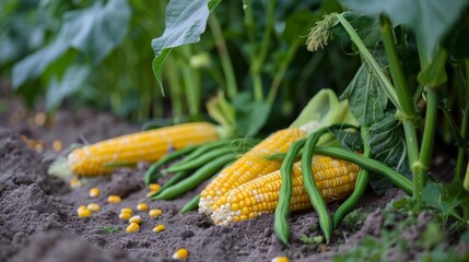 Wall Mural - Yellow corn cobs and green beans just after picking them. generative ai