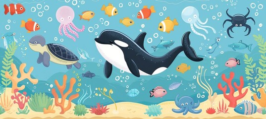 Wall Mural - Sea creatures: dolphins, exotic fishes, crabs, and squids. Seaweeds, sea turtles, and tropical reef animals. Cartoon modern illustration of a seascape with reefs and sea animals.