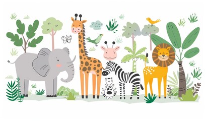 Sticker - An illustration of savanna and african beasts on white background with cartoon animals from Africa