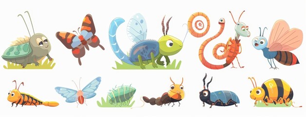 Wall Mural - Cartoon insect characters set. Funny happy numbers of bugs, butterflies, caterpillars, grasshoppers, beetles, worms, bees, and ants with isolated white backgrounds.