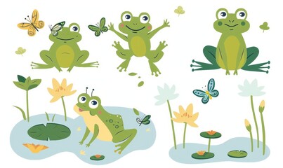 Wall Mural - Animated modern illustration of a cute little green baby frog jumping and catching a fly with its tongue