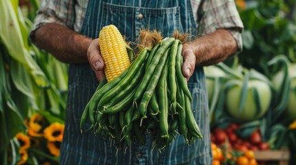 Wall Mural - farmer holding ears of yellow corn and a bunch of green beans generative ai