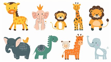 Animals cartoons. Elephants and lions, giraffes and crocodiles, cows and chickens, dogs and cats. Farm and savanna animals modern set.