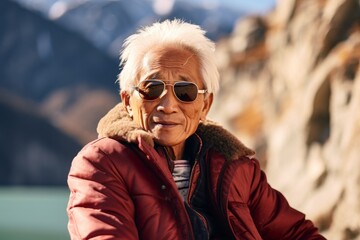 Wall Mural - Portrait of a tender asian elderly 100 years old man wearing a trendy sunglasses on rocky cliff background