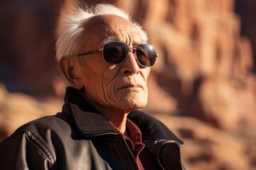 Wall Mural - Portrait of a tender asian elderly 100 years old man wearing a trendy sunglasses isolated on rocky cliff background