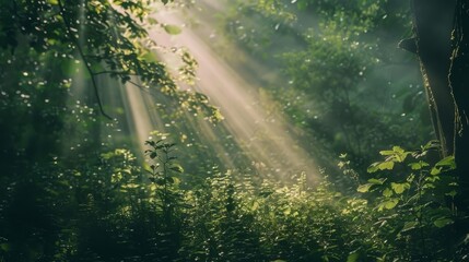 serene green natural scenery with sunlight filtering through trees landscape photography