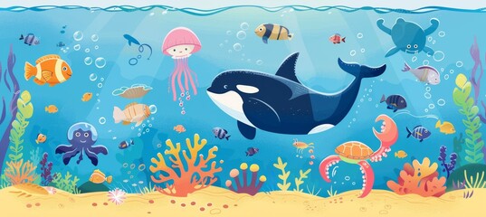 Wall Mural - Cartoon illustration of underwater ocean life. Dolphin, exotic fish, crab, and squid. Bottom seaweed, sea turtle, and marine reef animals. Cartoon illustration of underwater ocean life.
