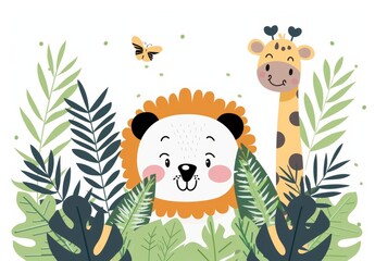 Sticker - Drawing of baby animal cartoons with floral plants and flowers in modern format