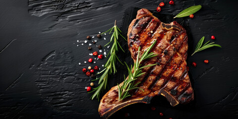 Wall Mural - Grilled steak garnished with fresh rosemary and peppercorns on a black textured background, showcasing a delicious and visually striking culinary presentation..