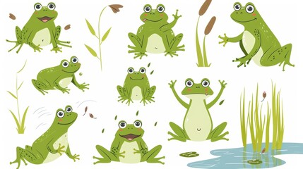 Wall Mural - Wild neoteric modern slimy creature movement with frog jumping. Green cartoon frogs. Summer swamp with reeds.