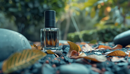 Canvas Print - A bottle of perfume is with leaves and rocks