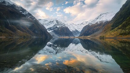 Wall Mural - serene mountain lake reflecting snowcapped peaks and cloudy sky majestic landscape photography new zealand