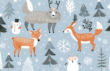 Wall Mural - Christmas set with cute animals. Hand drawn woodland animals. Modern illustration. Christmas sketch drawing.
