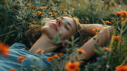 Wall Mural - Woman relax at grass field background. Generative ai.
