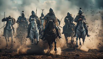 A group of knights are riding horses and fighting in a battle