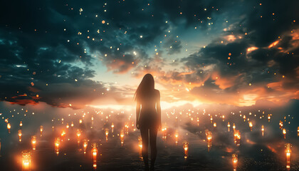 A woman stands in a field of lit candles