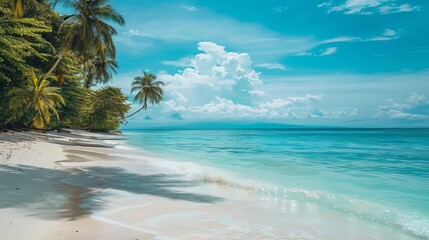 Sticker - serene tropical beach with turquoise water and palm trees copy space travel photo