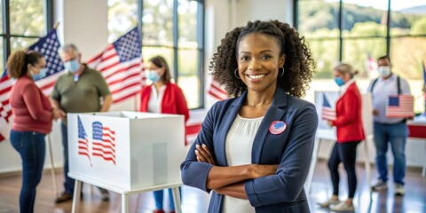 Wall Mural - Portrait of American female poll worker at a ballot station, voting, election, politics, woman, worker, clipboard, smiling, American, brunette, young, suit, happy, beautiful, standing