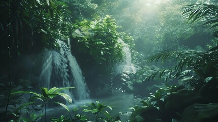 Wall Mural - serene waterfall cascading through lush equatorial rainforest soft ethereal light filtering through dense foliage