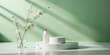 © Sangpan - Minimalistic render of a white podium with a flower branch and green beauty product, with a shadow in the background, , background, white, podium, display, flower branch, shadow, green