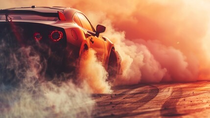 Wall Mural - A red sports car is driving on a dirt road with smoke coming out of its exhaust.