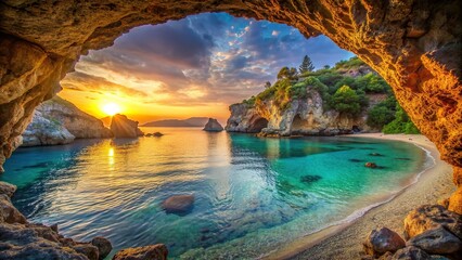 Wall Mural - Beautiful cave beach at sunset with stunning sea blue water, creating a paradise-like atmosphere, cave, beach, sunset, sea, blue water, beautiful, paradise, tranquil, peaceful, serene, nature