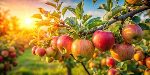 Apple tree branch with natural apples in an apple orchard at golden hour, fruit farm, apple trees, organic, local, season, fruits, harvesting, finest, golden hour, orchard, apples, natural
