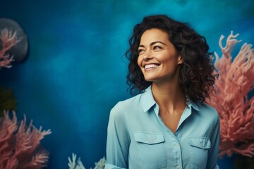 Wall Mural - Portrait of a satisfied woman in her 30s sporting a versatile denim shirt while standing against tranquil coral reef background