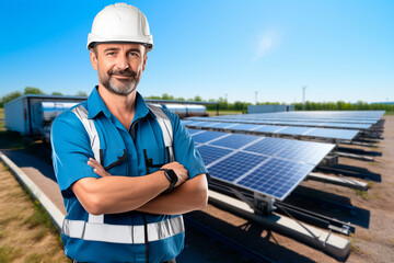 Engineer on a background of mobile solar energy power station	