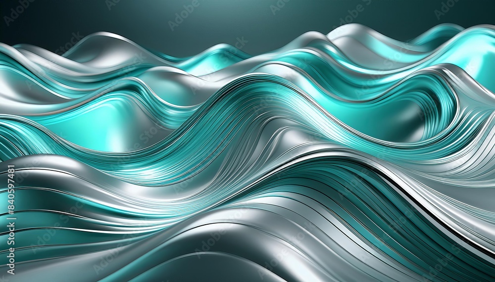 Fluid metallic waves in shades of teal and silver create a mesmerizing ...