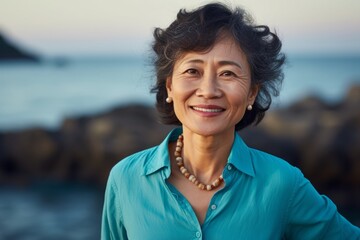 Sticker - Portrait of a joyful asian woman in her 70s donning a classy polo shirt while standing against spectacular sea cave background