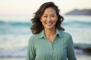 Wall Mural - Portrait of a grinning asian woman in her 40s donning a classy polo shirt in peaceful tide pool background