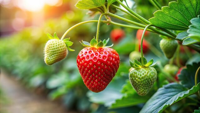 Strawberry fruit on branch with green leaves in garden , fresh, ripe, organic, agriculture, farm, red, juicy, plant, natural, healthy, summer, tasty, delicious, growth, harvest, vibrant