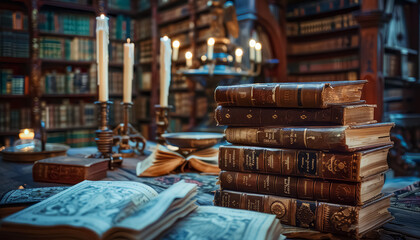 Canvas Print - A library with many books and candles on a table