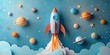© Woonsen - Paper art rocket ship blasting into space surrounded by planets and stars, predominantly light blue and orange colors