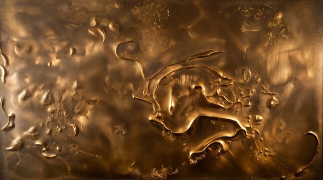A close-up of a gold metal artwork with swirling and textured patterns