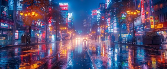 Wall Mural - Japan city street at night. neon lights and billboards 