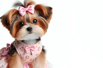 Little funny dog  dressed in a dress and bow Isolated on white background
