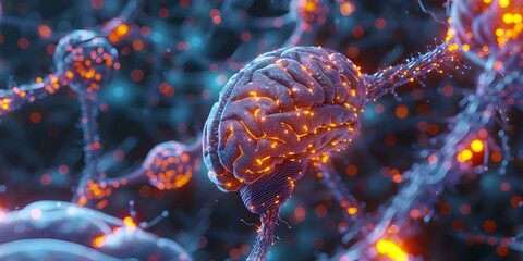 Wall Mural - Close-up View of Illuminated Neurons Firing in the Brain Illustrating Neural Network Activity. Concept Neural Activity, Brain Science, Close-up View, Neurons Firing, Illuminated Illustration