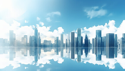 Wall Mural - A city skyline with a large body of water reflecting the city lights